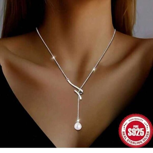 Sterling Silver Y-Shaped Necklace with Pearl Pendant - Picture 1 of 3